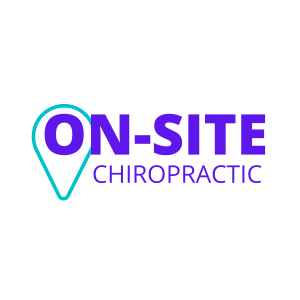 On-Site Chiropractic logo with purple “ON-SITE” text, teal location pin icon, and “Chiropractic” in purple on a black background.