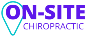 On-Site Chiropractic logo with purple “ON-SITE” text, teal location pin icon, and “Chiropractic” in purple on a black background.