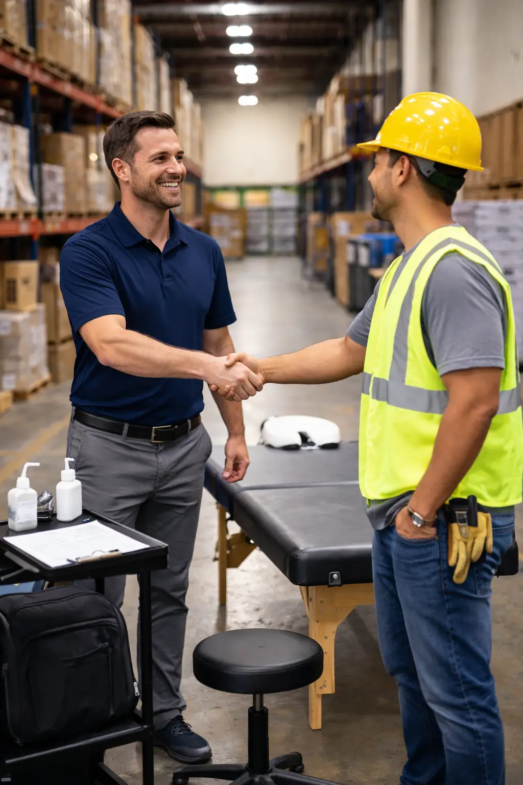 Mobile chiropractor greeting a warehouse employee next to a portable chiropractic table for on-site workplace treatment